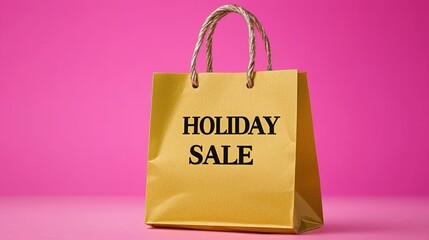 Vibrant yellow shopping bag with bold 'Holiday Sale' text against a pink background, perfect for seasonal promotions.