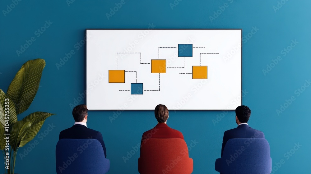 Poster business meeting with flowchart on display screen