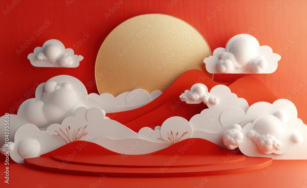 Poster 3d rendering of a minimalist background design featuring abstract clouds and golden circle
