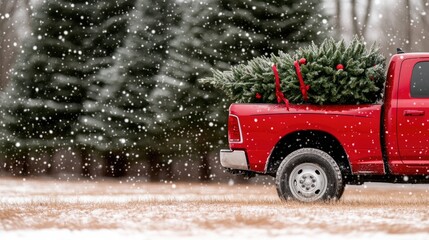 A red truck travels down a snow-covered road in a forest, transporting a freshly cut Christmas tree in its bed, surrounded by tall trees