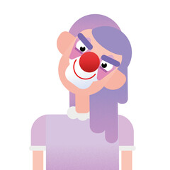 Ilustração de palhaça com cabelo roxo e maquiagem de nariz vermelho