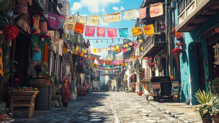 A festive street scene with colorful banners and joyful decorations for Shanteras.