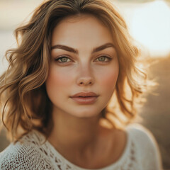 Naklejka premium Close-up of a woman’s face in warm sunset light at the beach, highlighting her youthful skin and serene expression, with flowing hair adding to the calm atmosphere.