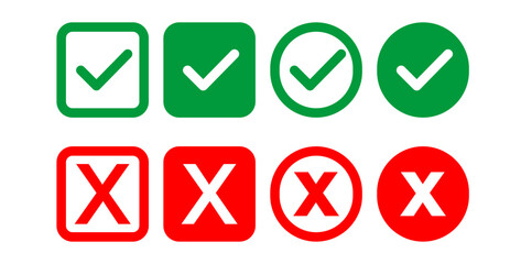 tick and cross button. set of green and red check box with yes and no sign. vector symbol on transparent background.