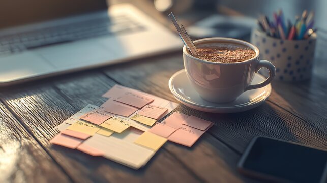 Close-up of a desktop with sticky notes and a cup of coffee, featuring a detailed to-do list. productivity tools. Ultra realistic. Photorealistic