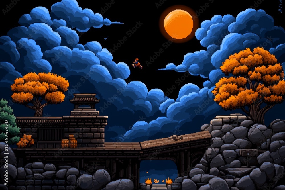 Poster pixel art of a character jumping over obstacles in a retro game world, with bright, pixelated detail