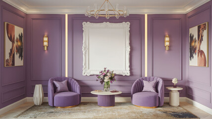 Elegant purple interior design with stylish seating and framed artwork for creative mockup presentation in modern living space