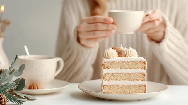 Elegant woman celebrating birthday with afternoon tea, chic teacup and cake setup