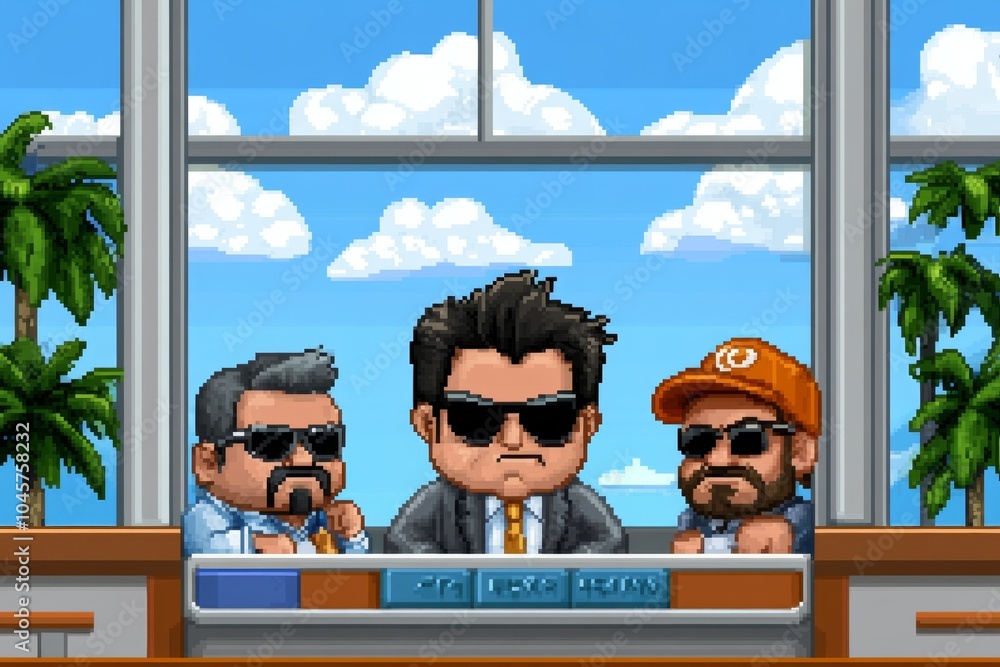 Aufkleber Pixel art of a worker being treated unfairly in a workplace setting, with pixelated characters showing exclusion and imbalance in a retro style