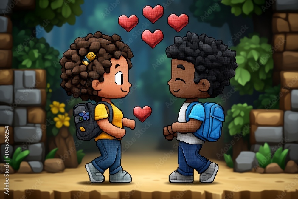 Poster pixel art of two characters walking together in a pixelated landscape, with pixel hearts floating ab