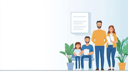 Family in a clinic waiting room, diverse group of people, modern healthcare setting