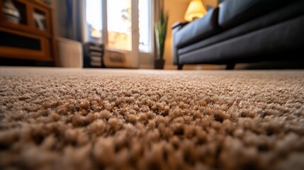 Close-up of beige carpet in a living room with a couch in the background.
