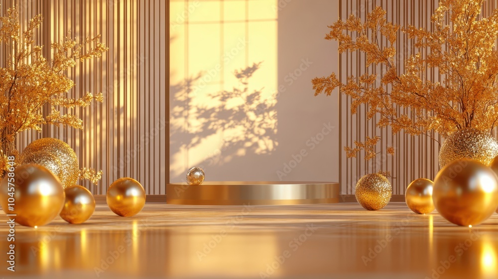 Poster luxurious 3d rendering of golden spheres and ingots in an elegant interior setting with sunlit golde
