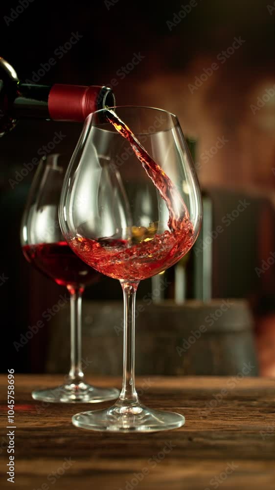 Poster super slow motion of pouring red wine into glass. filmed on high speed cinema camera, 1000 fps. wine