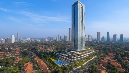 Obraz premium Modern glass tower rises above cityscape with lush greenery and urban elements