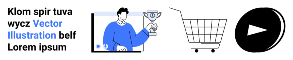 A man holding a trophy emerges from a computer screen, next to a shopping cart and a play button. Ideal for e-commerce, online success, digital marketing, achievements, and virtual shopping. Banner