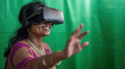 A woman happily explores virtual reality with a VR headset on green background.