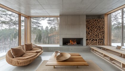 Cozy modern living room with large windows and fireplace, surrounded by forest views