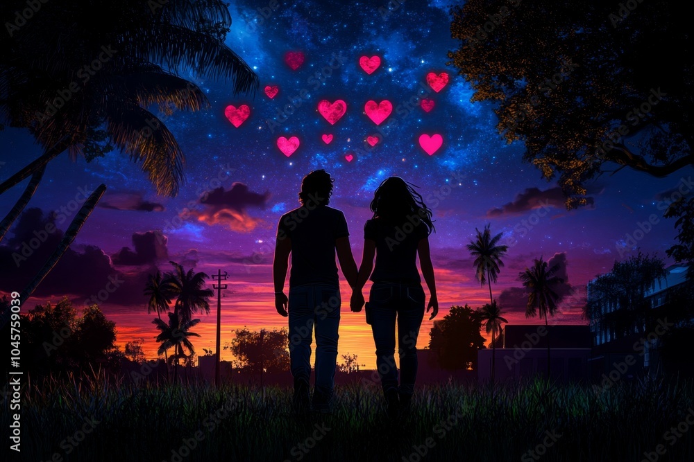 Poster Pixel art of two characters walking together in a pixelated landscape, with pixel hearts floating above, symbolizing their strong bond and connection