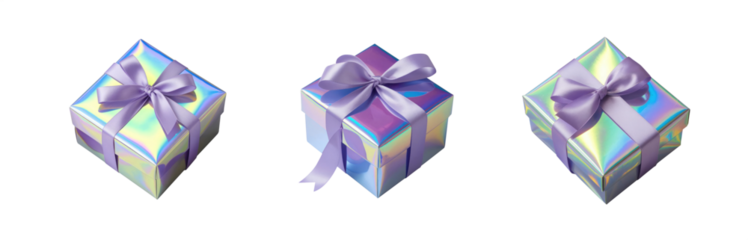 PNG Holographic gift box with purple ribbon. Collection of classic luxury gift boxes with elegant ribbons. Set of gift preset boxes with ribbon of various styles. Hologram box