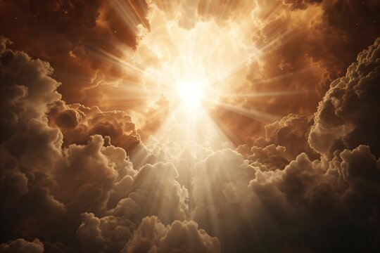 Beautiful sky at sunrise with clouds and sun. Heavenly light rays breaking through clouds. Divinity light. Easter morning. Biblical scene, heaven, sign from God.  Resurrection and ascension of Christ