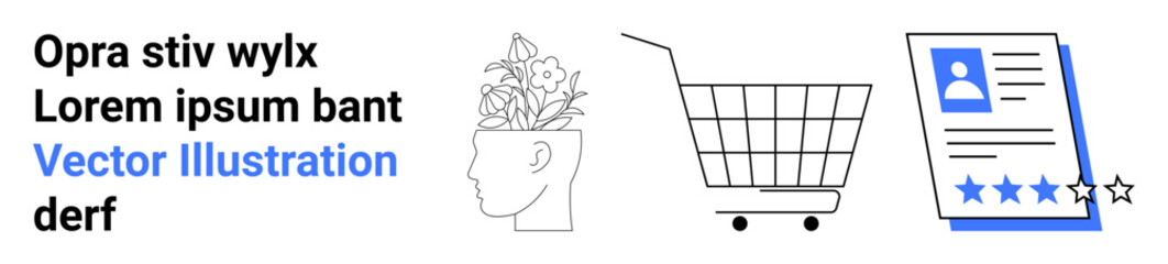 A side profile with plants growing from the head, a shopping cart, and a rating review with text. Ideal for e-commerce, digital marketing, product reviews, mental growth, and online shopping. Banner