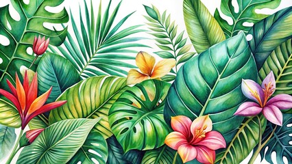 Watercolor painting of colorful tropical leaves and flowers on a white background