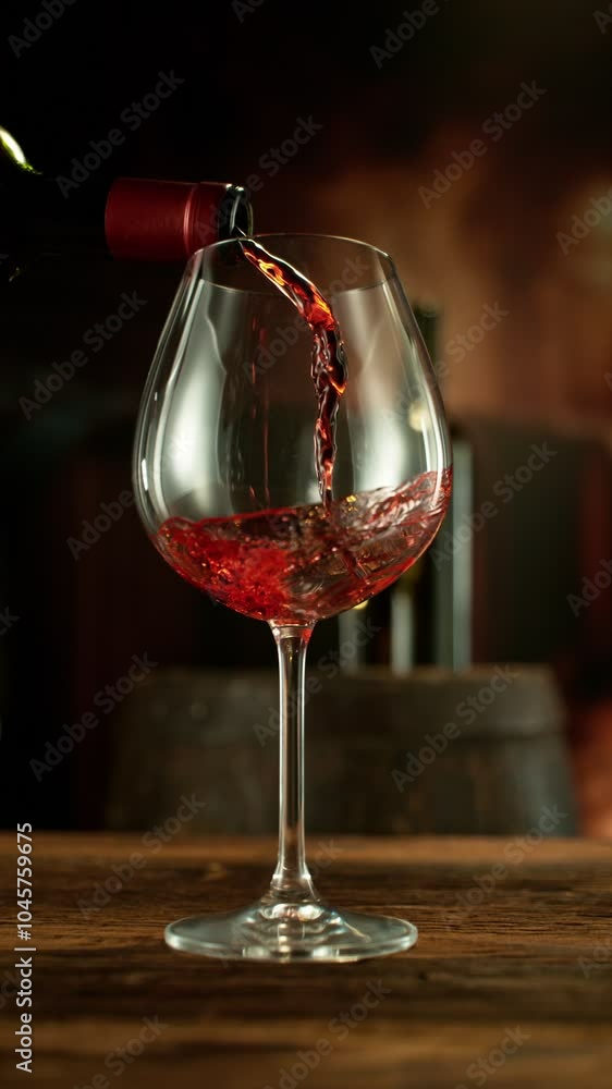 Poster super slow motion of pouring red wine into glass. filmed on high speed cinema camera, 1000 fps. wine
