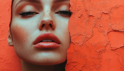 An abstract collage of a woman's face on a textured orange background