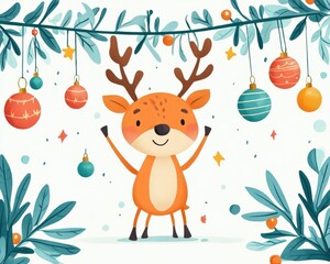 Fototapeta premium A cheerful orange reindeer with antlers, surrounded by holiday ornaments and greenery in a playful festive scene