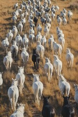 Fototapeta premium A majestic herd of horses strides across sunlit grassy fields, showcasing a striking contrast between white and black animals as they move together in harmony