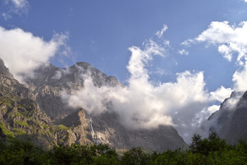 Beautiful mountain view with forests and rocks. North Ossetia