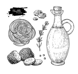 Truffle pasta ingredients vector drawing. Black truffle mushroom, spaghetti, Tajarin, 