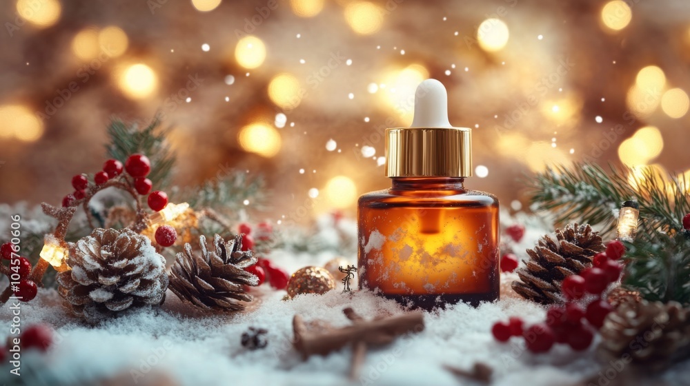 Poster a glass bottle with a dropper sits on snow with pine branches, pine cones, and red berries in the fo