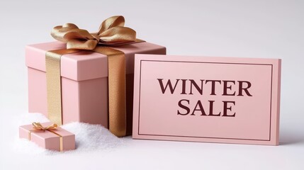 A beautifully wrapped pink gift box next to a prominent winter sale sign, perfect for seasonal promotions and holiday marketing.
