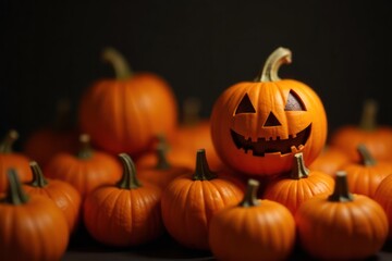 A group of orange pumpkins, with one carved into a classic jack-o'-lantern face