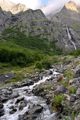 Beautiful mountain view with forests and rocks. North Ossetia