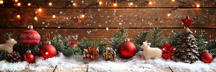 Christmas ornaments and decorations on rustic wood, with snow and fairy lights.