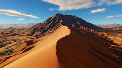 Naklejka premium A vast, sun-drenched desert landscape with a towering sand dune reaching for the blue sky.