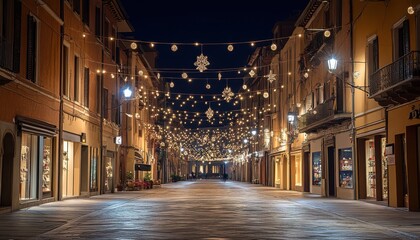 Fototapeta premium Charming pedestrian street illuminated with festive lights during a peaceful night
