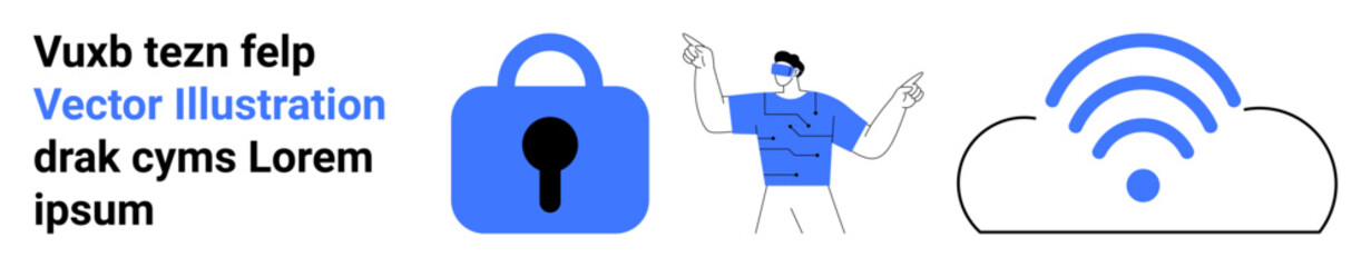 A character pointing at a padlock and a cloud with a wireless symbol in blue. Ideal for data security, cloud computing, internet connectivity, online privacy, and digital technology. Banner