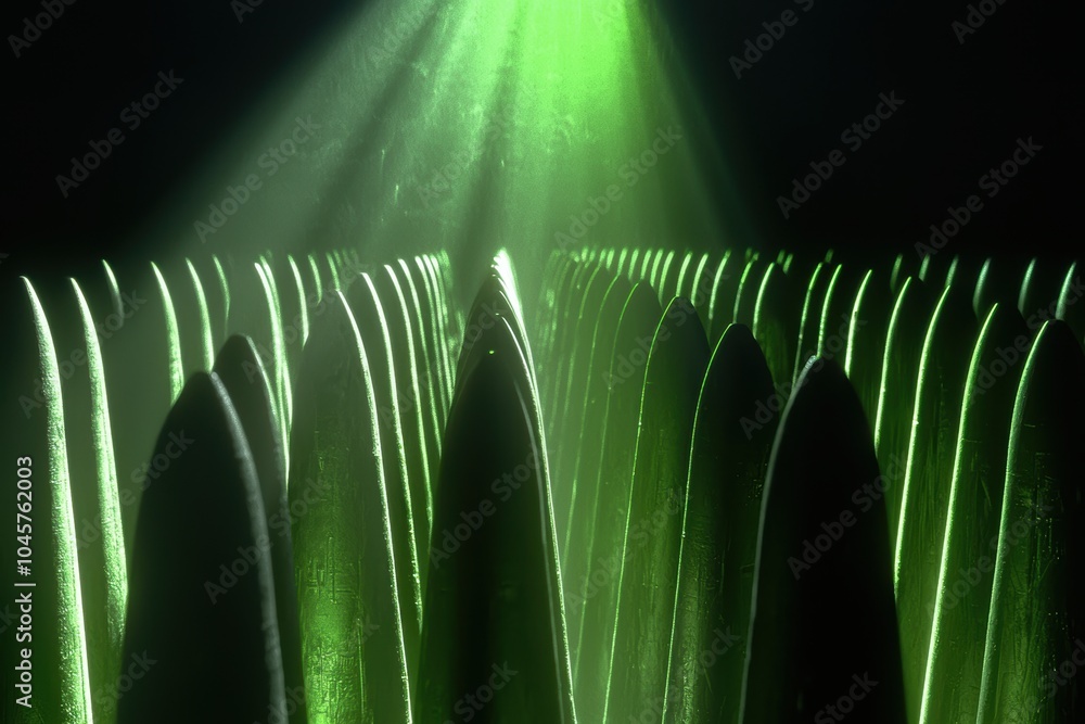 Poster illuminated green landscape with sharp leaf tips glowing under soft light rays creating a mystical a