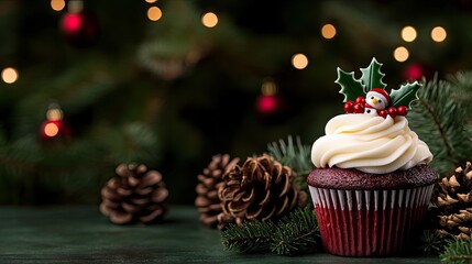 A tempting red velvet cupcake is beautifully adorned with cream cheese frosting and topped with a holly leaf and berry, evoking holiday cheer among festive decorations