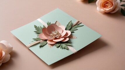 Handcrafted floral greeting card with ribbon and elegant design on a soft background