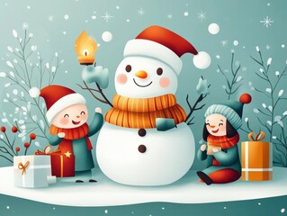 Fototapeta premium Joyful children celebrating winter with a snowman, wearing festive hats and scarves, surrounded by gifts and snow