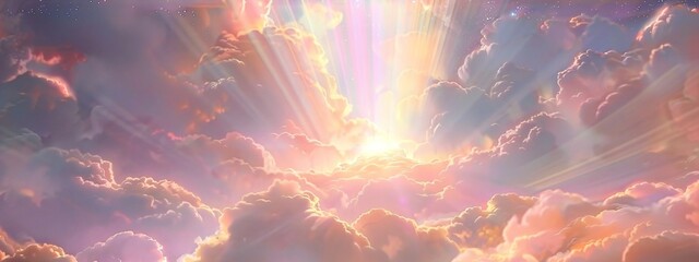 Beautiful sky at sunrise with clouds and sun. Heavenly light rays breaking through clouds. Divinity light. Easter morning. Biblical scene, heaven, sign from God. Resurrection and ascension of Christ