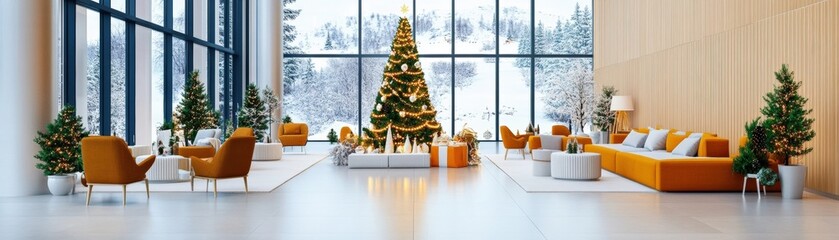 Fototapeta premium Modern living room decorated for Christmas, featuring a large tree, cozy seating, and snowy outdoor view