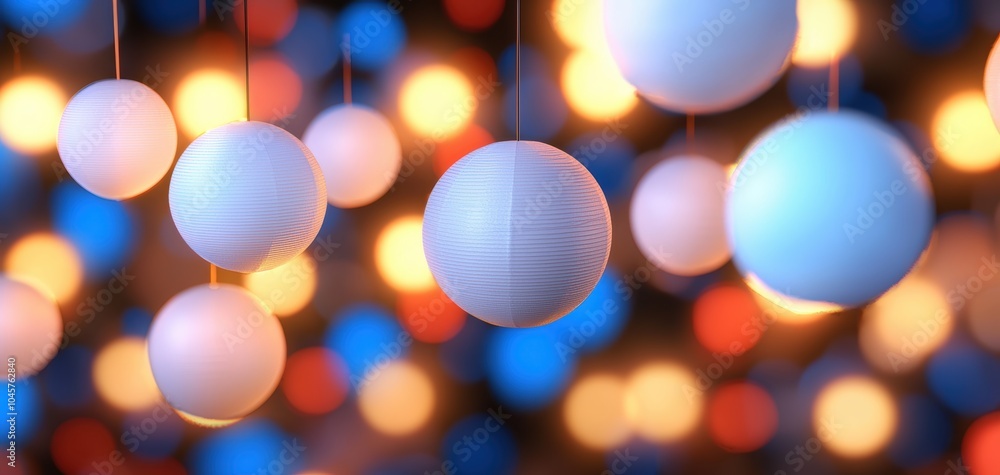 Poster a captivating display of colorful hanging spheres illuminating a festive atmosphere with vibrant lig