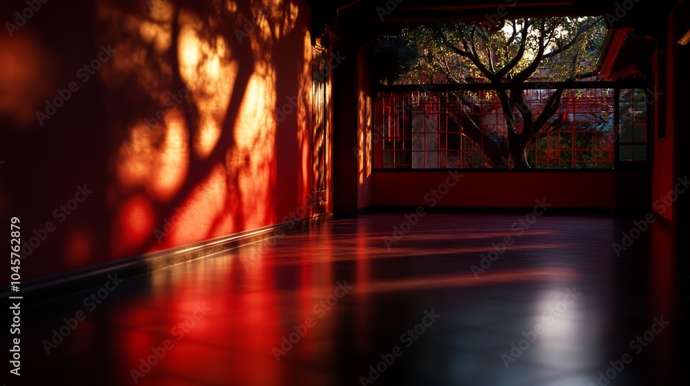Poster sunlight streams through a window casting shadows on a red wall in a traditional building.