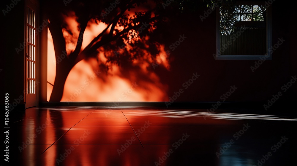 Poster silhouette of a tree against a red sunset reflected on a tiled floor in an empty room.